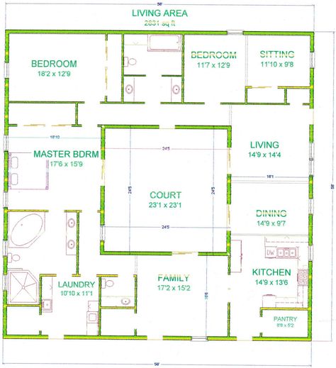 Center Courtyard House Plans | with 2831 square feet this is one of my bigger houses i chose to make ... House Plan Courtyard In Middle, Middle Courtyard House, Courtyard Center Of House, House Plans With An Atrium, Houses With Atriums In Middle, Courtyard In Center Of Home, House Plan With Center Courtyard, Houses With Inner Courtyards, House Center Courtyard