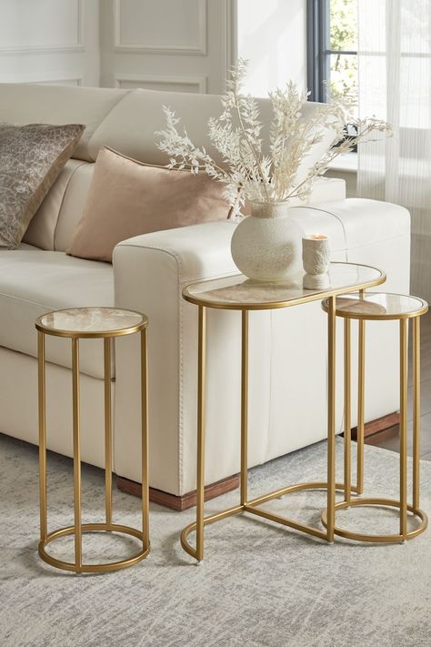 Set of 3 Gold Travertine Effect Nest of Tables Beige House Interior Aesthetic, Gold And White House Decor, White Gold Wood Living Room, Gold And Neutral Living Room, Home Decor Ideas Uk, Beige And Gold Living Room Ideas, White Gold Living Room Ideas, Neutral And Gold Living Room, Gold House Interior