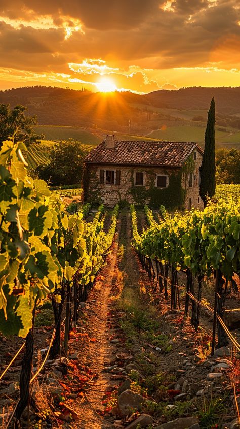 Sunset Vineyard Views: The golden sunset bathes the old stone house and vineyards in warm, radiant light, creating a tranquil scene. #sunset #vineyard #countryside #stone house #grapevines #aiart #aiphoto #stockcake ⬇️ Download and 📝 Prompt 👉 https://ayr.app/l/f6bH Italian Countryside Aesthetic, Winery House, Old Italian Aesthetic, Vineyard Aesthetic, Vineyard Cottage, Vineyard Photography, Italian Vineyard, Vineyard House, Grey Poupon