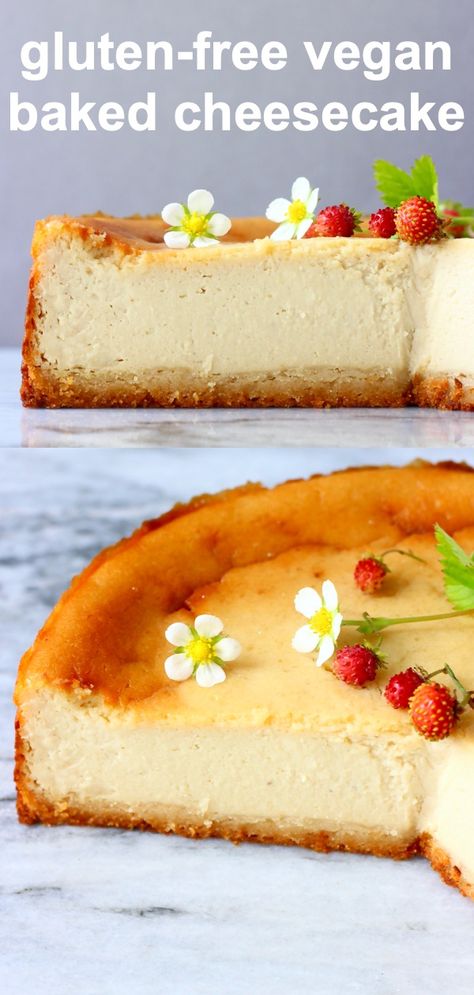 Vegan Gluten Free Cheesecake Recipe, No Dairy Cheesecake, Gf Df Cheesecake, Gluten Free Vegan Cheesecake, Gluten Free Baked Cheesecake, Dairy Free Gluten Free Cheesecake, Gluten Free New York Cheesecake, Simple Vegan Dessert Recipes, Gluten Free Crust For Cheesecake