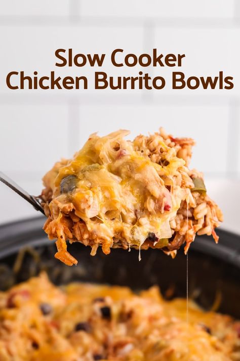 Slow Cooker Chicken Burrito Bowls - ten minutes of prep work rewards you later with a delicious and hearty dinner. Just dish yourself a bowl and garnish to your liking. via @cmpollak1 Slow Cooker Burrito, Magical Slow Cooker, Chicken Burrito Bowls, Burrito Bowls Recipe, The Magical Slow Cooker, Chicken Burrito, Chicken Burrito Bowl, Ham And Bean Soup, Slow Cooker Desserts