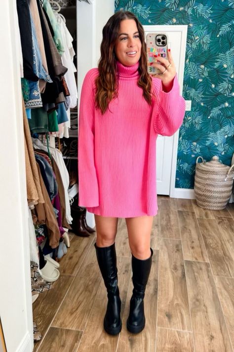 Discover the ultimate fall and winter must-have – this cute pink sweater dress! It’s super soft and cozy, making it a staple for colder months. Pair it with timeless knee-high boots to complete the look. This outfit is perfect for every occasion, whether it’s day or night. Shop this stylish piece and add a pop of color to your everyday looks, you won’t regret it! Holland Paterno. Amazon Finds: Sweater Dress Outfit Pink Sweater Dress Outfit, Casual Pink Dress, Cute Pink Sweater, Pink Sweater Dress, Sweater Dress Outfit, Pink Dress Casual, Next Clothes, Fit Ideas, Work Looks