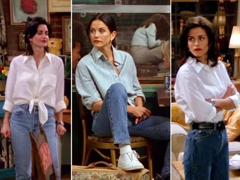 Friends Tv Outfits, Series Outfit Ideas, Friends Outfits 90s, Long Black Sleeveless Dress, Outfit Ideas Men, Tv Outfits, White Turtleneck Sweater, 90s Inspired Outfits, Monica Geller