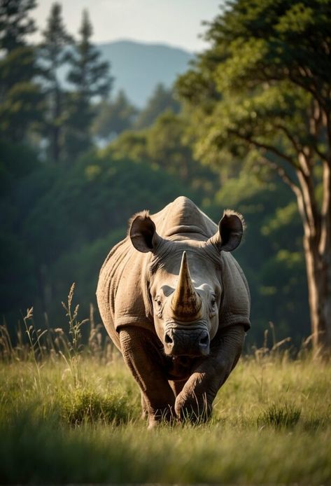 An Indian rhinoceros facing the camera head-on in a grassy field with trees and hills behind. (indian wildlife) India Rainforest, Natural Vegetation And Wildlife, Gir Forest, India Landscape, One Horned Rhinoceros, Indian Wildlife, Asiatic Lion, Nature Photographers, Indian Rhinoceros