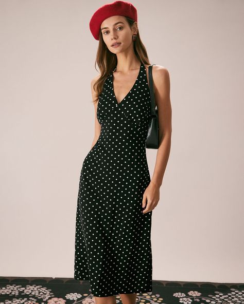 The Black Halter Polka Dot Ruched Midi Dress & Reviews - Black - Dresses | RIHOAS Polka Dot Halter Dress, Polka Dot Dress Outfit, Dot Outfit, A Line Midi Dress, Polka Dots Outfit, Tailored Clothes, Ruched Midi Dress, Black Halter, Ootd Style