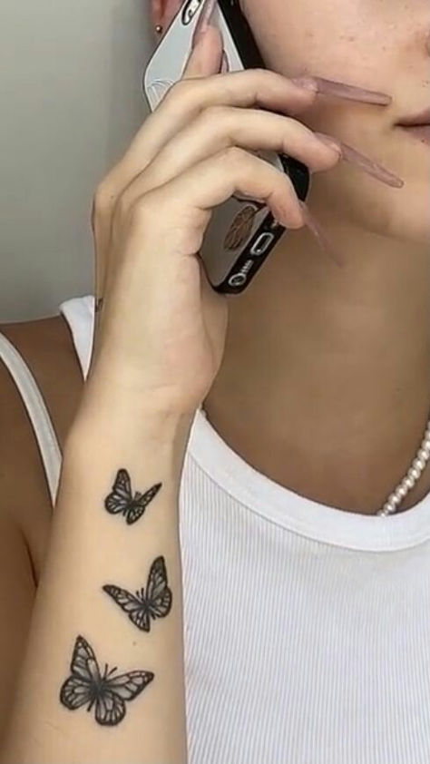 Butterfly On Forearm, 3 Small Butterflies Tattoo On Wrist, Butterfly Arm Tattoos For Women Forearm, Forearm Tattoo Women Butterflies, Butterfly Tattoo On Hand For Women, Hand Butterfly Tattoos For Women, Wrist Butterfly Tattoo For Women, Cocette Nail Ideas, Butterfly Forearm Tattoo Women