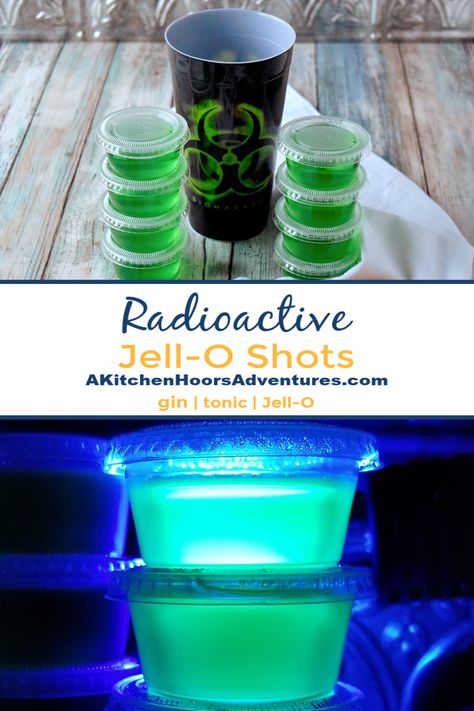 Radioactive Jell-O Shots are a simple gin and tonic with lime Jell-O.  The tonic water makes them glow under a black light which makes them even more fun to eat! #HalloweenTreatsWeek via @akitchenhoor Alien Alcoholic Drinks, Glow Jello Shots, Glow In Dark Jello Shots, Black Light Jello Shots, Alien Jello Shots, Glow In The Dark Jello Shots, Radioactive Halloween, Spooky Punch, Fallout Party