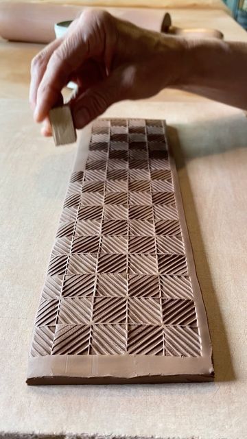 Sarah Pike Pottery on Instagram: "Playing with some of the stamps from my texture challenge today. I made this one out of a scrap piece of wood and a dull saw.🪚 (The scrap wood and dull saw tangent😜) The pattern reminds me of parquet flooring. I’m not sure if it is a legit #herringbone, but I like it just the same. The #zigzags and #diamonds that appear as you stamp are verrrry satisfying. #potterystamping #pikestamp #texturetangents #potteryprocess #potterylife #contemporaryceramics #contempo Clay Stamps, Stamp Carving, Pottery Tools, Parquet Flooring, Contemporary Ceramics, Scrap Wood, Herringbone, Carving, Stamp