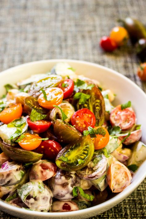 Creamy Roasted Chickpea Tomato Salad || Local Haven Chickpea Tomato, Great Snacks, Tomato Salad Recipe, Roasted Chickpea, Tomato Salad Recipes, Summer Cooking, Garbanzo Beans, Roasted Chickpeas, Tomato Salad