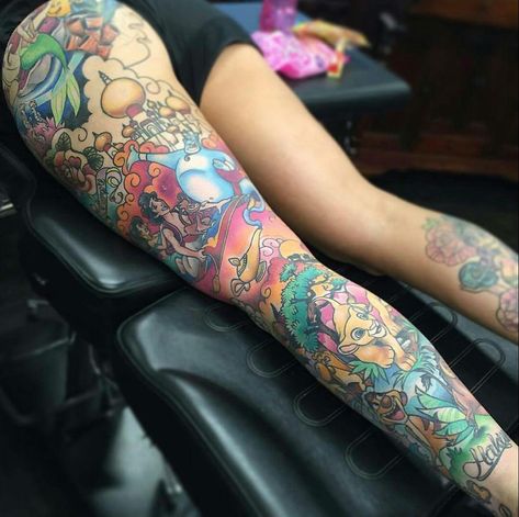 Leg sleeve of famous Disney movies Disney Leg Sleeve, Cartoon Tattoos Sleeve, Disney Characters Tattoos, Disney Inspired Tattoos, Tattoo Perna, Disney Sleeve Tattoos, Tattoo Disney, Disney Sleeve, Sanskrit Tattoo