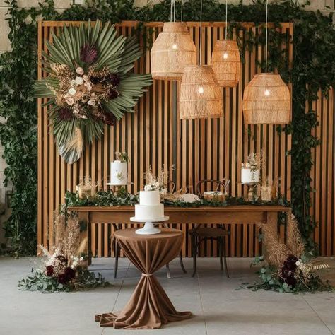 Native Theme Wedding, Elegant Party Backdrop, Wood Backdrop With Flowers, Wooden Backdrop Wedding, Green And Brown Party, Green Floral Backdrop, Wood Panel Backdrop, Rustic Event Decor, Wood Backdrop Wedding