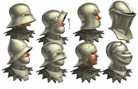 Some sketches of helmets from late medieval (1350s) to early modern age (1600s) for my rpg iron hat, morion, barbuta, bascinet, sallet, hundsgugel, armet, grand bascinets, jousting helms, burgonets Armor Drawings, Knight Armour, Armor Drawing, Medieval Helmets, Ancient Armor, Knights Helmet, Historical Armor, Late Middle Ages, Knight Art