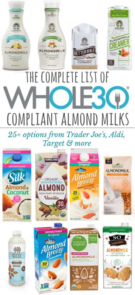 Whole 30 Approved Foods List, Whole 30 Lunch Ideas, Whole 30 Drinks, Whole 30 Menu, Whole30 Beef Recipes, Almond Milk Brands, Whole 30 Approved Foods, Whole 30 Vegetarian, Free Grocery List