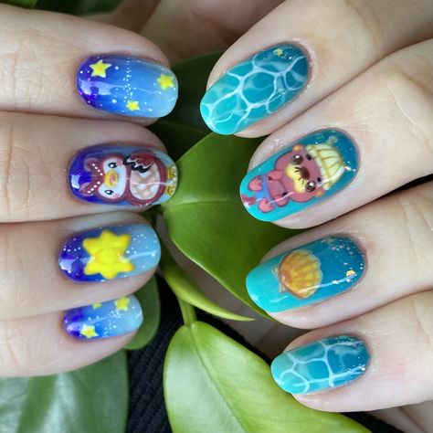 Animal crossing nails. Celeste. Pascal the otter. ACNH nail design Katie Animal Crossing, Animal Crossing Nail Art, Acnh Nails, Stardew Nails, Otter Nails, Celeste Cosplay, Pascal Animal Crossing, Animal Crossing Nails, Dinosaur Nails