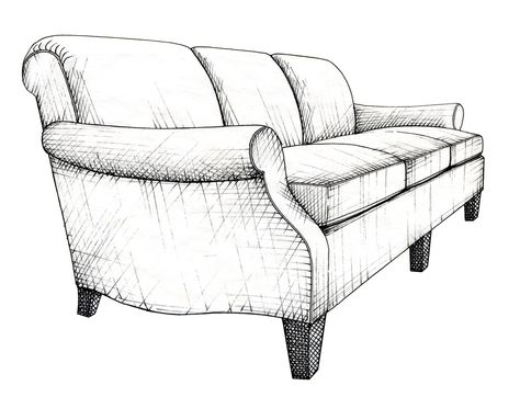 Illustration by Anara Mambetova-Finkelstein for Bauer and Dean publication "Pattern Book of Upholstery." Couch Drawing, Sofa Drawing, Drawing Furniture, Shabby Chic Bedroom Furniture, Furniture Sketch, Furniture Design Sketches, Drawing Interior, Interior Design Drawings, Furniture Details Design