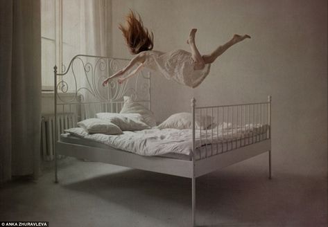 Time to wake up? A model is caught as she's flung into the air above a four-post bed in her night dress Levitation Photography, Double Exposure Photography, Modern Metropolis, Experimental Photography, Exposure Photography, Water Photography, Underwater Photography, Abstract Photography, Double Exposure