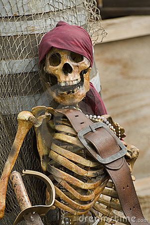 Pirate skeleton dressed in colorful pirates clothes with brown leather belt. Pirates Clothes, Pirate Halloween Decorations, Pirate Halloween Party, Pirate Props, Pirate Skeleton, Pirate Decor, Pirate Outfit, Pirates Cove, Pirate Halloween