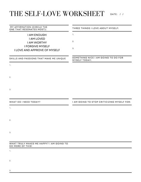 The Self Love Worksheet was designed to help you connect with yourself, recognize your value, know your worth, and build your confidence while creating more joy for yourself and practicing self-care on a regular basis. Get To Know Me Counseling Activity, Self Worth Journaling, Self Love Group Activities, Self Worth Exercises, Positive Affirmation Worksheet, Personal Values Worksheet, Self Love Template, Self Worth Activities For Teens, Self Worth Worksheet