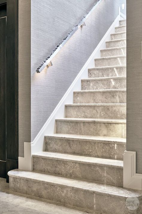 Stone in a private residence — stoneCIRCLE stone fabricators Caesarstone Calacatta Nuvo, Calacatta Nuvo, Marble Staircase, Hall Flooring, Double Sided Fireplace, Stone Stairs, Open Gallery, Dining And Living Room, Herringbone Floor