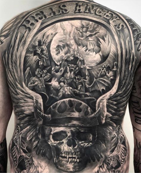 Big Red Machine 81 Bikes Tattoo, Hells Angels Tattoo, Skull Back Tattoo, Angel Back Tattoo, Angels Tattoo, Hells Angles, Angel Skull, Tattoo Lettering Design, The Best Tattoos