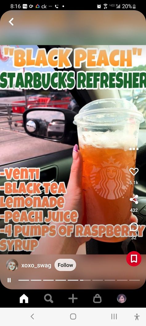 Black Tea Drinks, Starbucks Black Tea, Starbucks Black, Tea Drinks, Starbucks Refreshers, Raspberry Syrup, Starbucks Drinks Recipes, Peach Juice, Black Peach