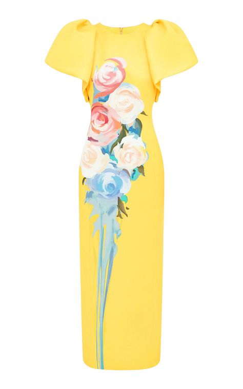 Lucinda Floral-Printed Crepe Maxi Dress By Leo Lin | Moda Operandi Leo Lin, Spring Carnival, Painted Roses, Short Puff Sleeve, Canary Yellow, Dress Inspo, Puff Sleeve Dresses, Straight Dress, Saint Tropez