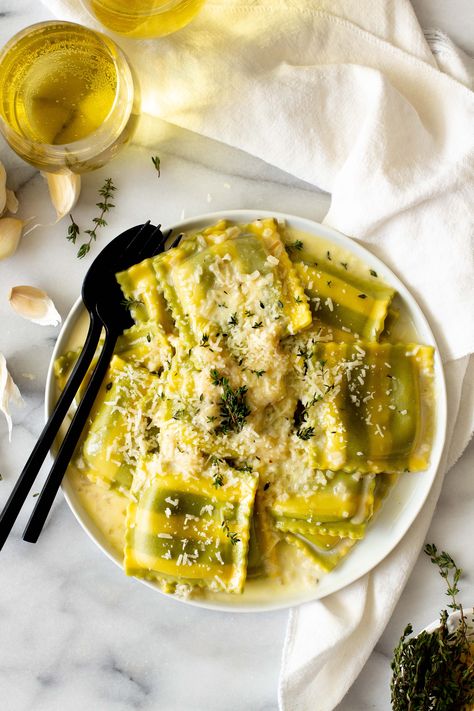 Spinach, Asiago & Roasted Garlic Ravioli with Asiago Cream Sauce by Nuovo Pasta Roasted Garlic Ravioli, Asiago Cream Sauce, Ravioli Sauce, Spinach Ravioli, Chef Craft, Ravioli Recipe, Italian Alps, Artisan Cheese, Asiago