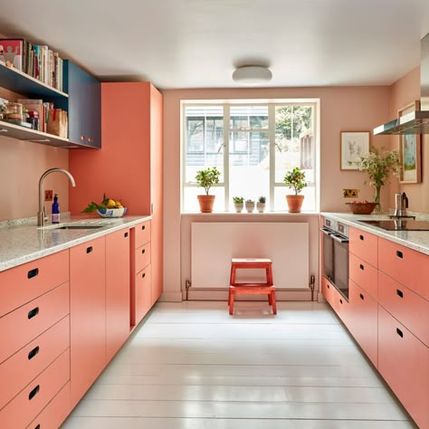 Pluck kitchen in shades of pink, the more intense Ritzy peach on the cabinets echoed in a Farrow & Ball Setting Plaster on the wall and a paler blush on the ceiling. Kitchens from £15,000, pluck.kitchen Kabinet Dapur, Small Kitchen Layouts, Basement Kitchen, Kitchen Window Treatments, Kitchen Paint Colors, Pink Kitchen, Pink Collection, Kitchen Trends, Kitchen Paint