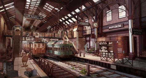 ArtStation - Train Station, Rick Chang Fantasy Train Station Concept Art, Train Station Fantasy Art, Industrial Train Station, Sci Fi Train Station, Train Station Battlemap, Fantasy Train Station, Train Station Concept Art, Anime Train Station, Train Station Concept