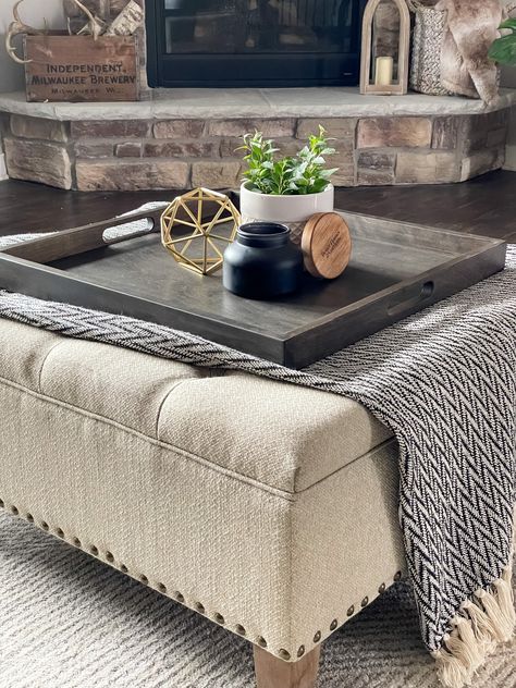 Grey Ottoman With Tray On Top, Ottoman Trays Large, Decor On Ottoman, Big Tray For Ottoman, Oversized Ottoman Decor, Large Coffee Table Tray, Serving Tray For Ottoman, Ottoman With Throw Blanket And Tray, Decorate Ottoman Living Rooms