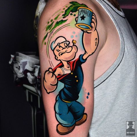 Old Cartoons Tattoo, Popeye Tattoo Old School, Popeyes Tattoo, Tattoo Comic Style, 90s Cartoon Tattoos Ideas, Cartoon Tattoos For Men, Popeye Tattoo, Shen Long Tattoo, 90s Tattoos