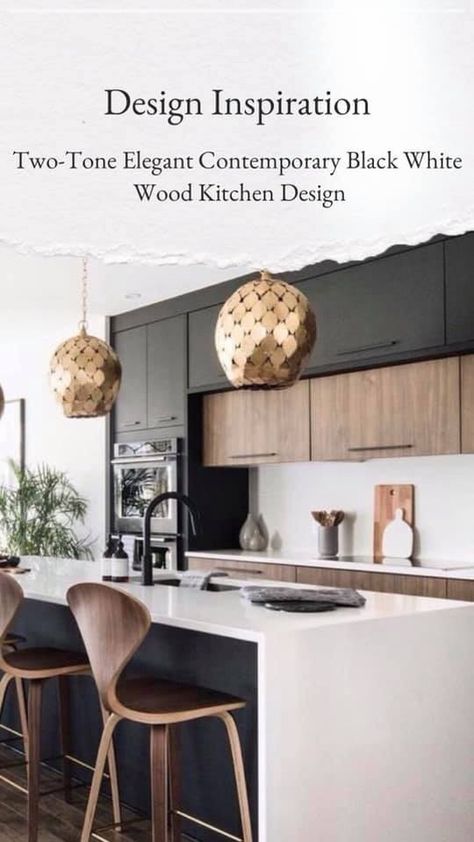 Modern Kitchen Design Black And Wood, Afro Modern Kitchen, Mid Century Modern Kitchen Black Cabinets, Black White And Brown Kitchen Modern, Modern Black And Wood Kitchen, Walnut Black Kitchen, Black And Walnut Kitchen, Modern Earthy Kitchen, Black And Natural Wood Kitchen