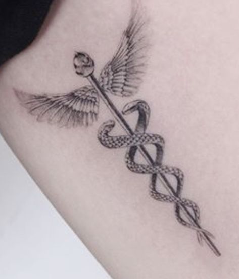 Staff Of Hermes Tattoo, Medical Staff Tattoo, Hermes Staff Tattoo, Doctor Tattoo Ideas Medical, Caduceus Tattoo Feminine, Rod Of Asclepius Tattoo Feminine, Grim Reaper Drawings, Asclepius Tattoo, Hermes Tattoo