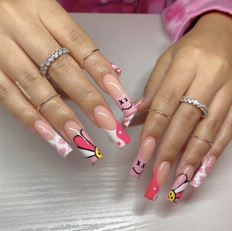 Acrylic Nails Ideas 2023, Fun Acrylic Nails Designs, Takashi Murakami Nails, Rave Nails, Long Acrylic Nail Designs, Colorful Nails, Short Square Acrylic Nails, Long Acrylic Nails Coffin, Acrylic Nails Coffin Pink