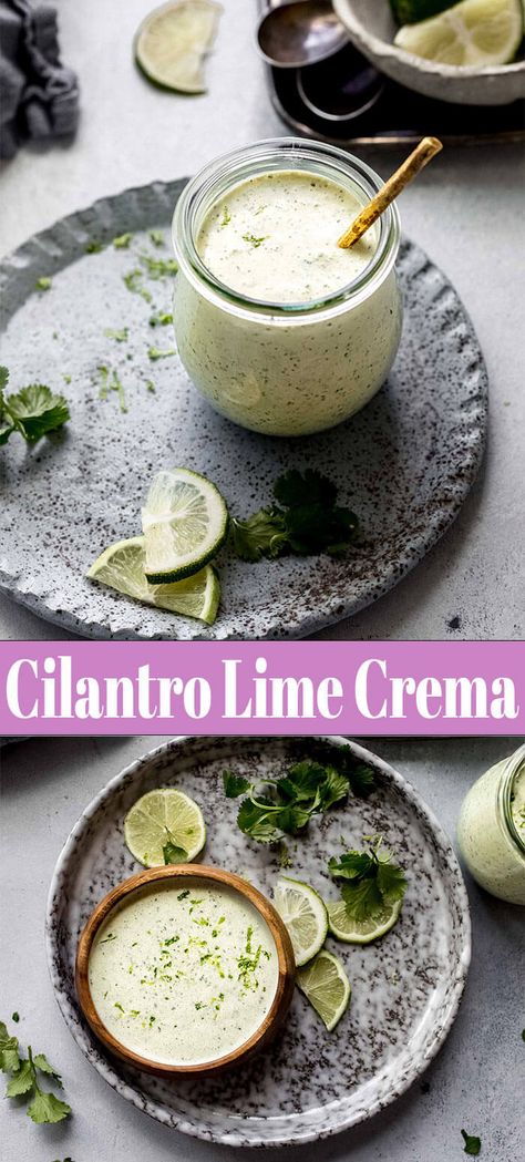 This quick and tangy Cilantro Lime Crema is ready in just 5 minutes. Better than sour cream, this Mexican condiment is flavored with fresh cilantro and lime juice to create a creamy and vibrant dressing, taco topping, or dipping sauce. // recipe // sauce // chicken Sauces For Steak, Cilantro Lime Crema Recipe, Lime Crema Recipe, Coconut Shrimp Sauce, Cilantro Lime Crema, Crema Recipe, Recipe Sauce, Lime Crema, Mexican Crema