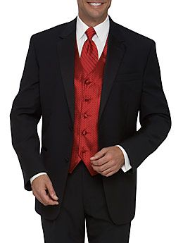 Guys will look similar to this...but with a little darker red and maybe different textures on the vest and tie. Black Suit Red Shirt, All Black Suit Red Tie, Full Black Suit With Red Tie, All Black With Red Tie, Red Tux Prom, Black Suit Red Vest, Hogwarts Wedding Ideas, It Novel, Red Ties For Black-tie Events