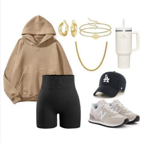 School outfit inspo
College outfit inspo
Fall outfit inspo
Tan sweatshirt
Black Biker shorts
Sweatshirt
Bikershorts
Gold Jewelry
Gold Earrings
Gold Necklace
Gold Bracelets
Stanley Cup
Cream Stanley cup
LA dodgers hat
Black dodgers hat
Black baseball cap
New balance Sneakers
New Balance Women's 574 Core Sneaker
Clean girl 
Clean girl outfit
Clean girl Aesthetic 
Back to school
Outfit inspo
Neutral 
Neutral outfit inspo
Comfy outfit 
Amazon finds
Amazon fashion Tan Sweatshirt Outfit, White Hokas, Tan New Balance, Cream Stanley, Comfy School Outfits, Black And Gold Aesthetic, Black Biker Shorts, Lazy Day Outfit, Comfy Outfit