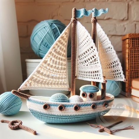 Crochet Dreams on Instagram: "May every day be filled with little wonders like this crocheted sailboat, sailing the seas of your imagination! 🌊   🌟 Hello everyone, my fellow crochet enthusiasts! 🧶  I’m excited to present to you a unique collection of crochet ideas, created using artificial intelligence. Each design in this gallery was personally generated by me to inspire new creative endeavors and demonstrate the limitless possibilities of our beloved art of crochet. 🍓🍄☂️🐣🐠  Browse, dream, and most importantly - share your thoughts. Your suggestions and opinions are very valuable: let me know which of these ideas you would like to bring to life? What kind of workshops would interest you?  This is your chance to influence the creation of something truly magical and learn new crochet Crochet Sailboat Pattern, Boat Crochet, Crochet Sailboat, Crochet Boat, Crochet Dreams, Crochet Leaf Patterns, Crochet Leaves, Crochet Teddy, Fun Crochet Projects