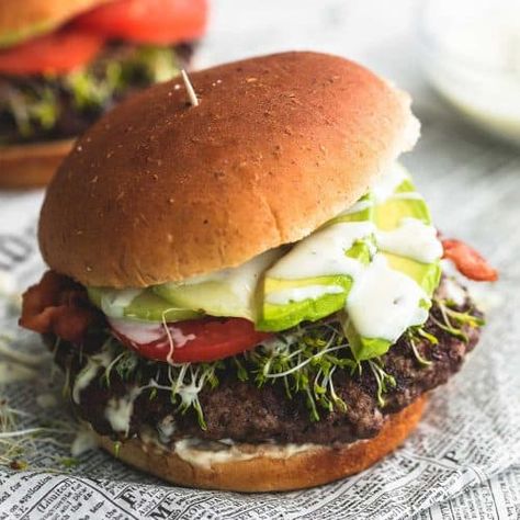 California Club Burger - Creme De La Crumb Ranch Burgers, Turkey Club, Creamy Ranch Dressing, Sweet Pork, Creamy Ranch, Burger Recipe, Burgers Sandwiches, Beef Burgers, Delicious Sandwiches