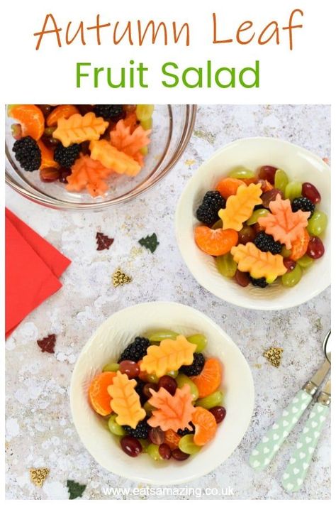 Cute and easy autumn leaf fruit salad recipe - kids will love this healthy fun food idea for breakfast snack or dessert   #EatsAmazing #funfood #fruitsalad #autumn #autumnfood #fall #easyrecipe #cookingwithkids #foodart #kidsfood #healthykids #fruits Leaf Snacks Preschool, Fall Snacks Preschool, Leaf Snacks For Kids, Fruit For Kids Party, Fall Fruit Tray, Fall Snacks For Kids, Veggie Snacks For Kids, Fall Snack Ideas, Autumn Snacks