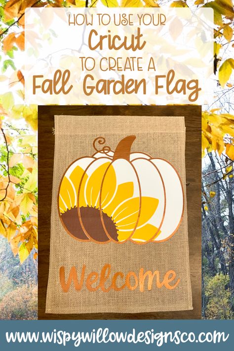 The links contained in this blog post may be affiliate links.  I may receive a small commission for the referral but there is no additional cost to you.   Fall is almost here which means Pumpkin and Sunflower EVERYTHING!   Today I'm making a burlap garden flag using my Welcome Sunflower Pumpkin SVG. Grab my SVG on Design Bundles (50% off at the time of posting!) I also grabbed these burlap garden flags from Amazon.  2 pack for under $9 and Prime Shipping. Score!      Tada! Fall Garden Flags Diy, Fall Garden Flag Ideas, Diy Garden Flag Cricut, Cricut Garden Flags, Garden Flags Ideas Front Porches, Garden Flag Diy, Fall Svgs, Garden Flags Ideas, Fall Cricut