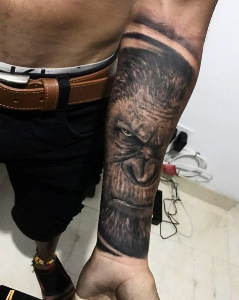 Ape Tattoos For Men, Realistic Tattoo Sleeve Men, Planet Of The Apes Tattoo, Apes Tattoo, Gorilla Tattoo, Animals Tattoo, Bicep Tattoo, Greek Tattoos, Planet Of The Apes