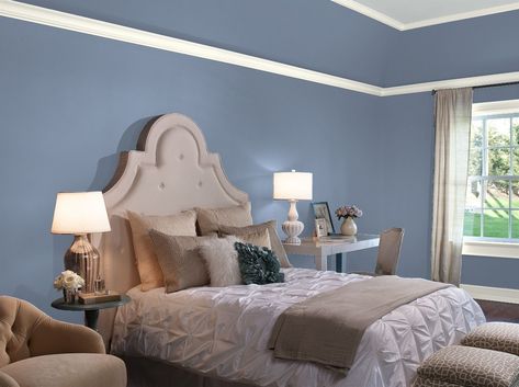 Luxe: Best Blue Paint Colors by Benjamin Moore Grey Colour Scheme Bedroom, Blue Bedroom Paint, Grey Bedroom Colors, Dark Gray Bedroom, Blue Gray Bedroom, Dark Blue Bedrooms, Blue Painted Walls, Blue Bedroom Walls, Navy Blue Bedrooms