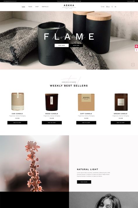 Askka - Candle Shop is a WordPress theme designed specifically for creating an online store for candle shops. It is available on ThemeForest and offers a range of features and customization options tailored to the needs of a candle business. Shopify Candle Website, Candles Website Design, Candle Website Design Inspiration, Candles Marketing, Candle Website Design, Candle Website, Luxury Scents, Website Design Inspiration Business, Canva Editing