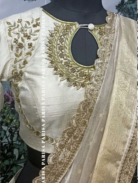 Long Border Blouse Designs, Border Blouse Designs, White Blouse Designs, Simple Blouse Pattern, Gold Blouse Designs, Blouse Designes, Tailor Design, Blouse Works, Salwar Neck Designs