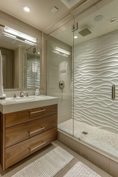 Coastal Bathroom Tile, Wave Tile, Shower Floor Tile Ideas, Bathroom Shower Ideas, Tile Showers, Modern Fixtures, Small Bathroom Interior, Coastal Bathroom, White Bathroom Tiles