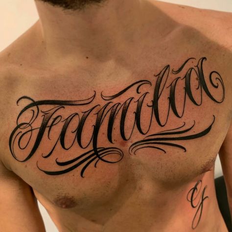 Ak47 Tattoo, Last Name Tattoos, Justin Bieber Tattoos, Chicanas Tattoo, Chest Tattoo Ideas, Family Tattoo Designs, Chest Hair, Chicano Tattoo, Chest Tattoo Men