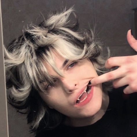 @mvrxder on ig // alt boy fluffy hair alternative spiky anime wolf cut emo goth tiktok White Hair Men Aesthetic, Black And White Hair Men, Hair Color Ideas Men, Hair Dye Ideas Men, Boy Fluffy Hair, Fluffy Hair Boy, Grey And White Hair, Brown And White Hair, White Boy Hairstyle