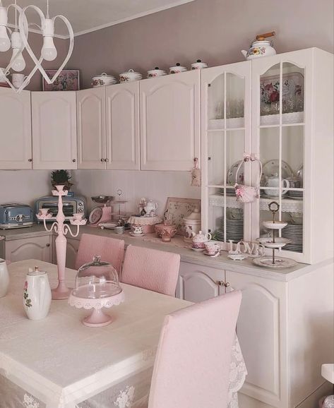 Make Up Area Ideas, Angelcore House, Coquette Apartment, Coquette Kitchen, Real Coquette, Pink Kitchen Aesthetic, Coquette House, Pink House Interior, Music On Spotify