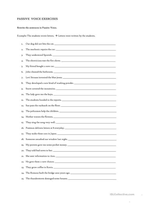 Passive Voice Exercise (Simple Present and Past Passive) - English ESL Worksheets Passive Worksheet, Passive Voice Worksheet, Voice Exercises, Simple Past Tense Worksheet, All Tenses, Active And Passive Voice, English Grammar Exercises, Passive Voice, Active Passive